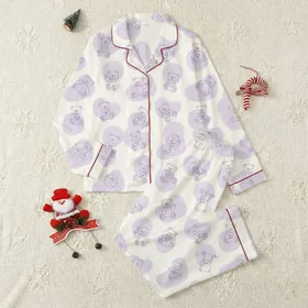 Dreamy Lavender Bears: Soft-Edged Amorphous Pastel Pattern with Outline Teddies - Creamy Off-White Comfort Piece Satin Pajamas Set