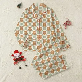 Women's Whimsical Cartoon Teddy Bear Gingham Pattern with Muted Sage Green & Cream Satin Pajamas Set