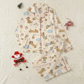 Women's & Teen Girls' Whimsical Cream & Brown Puppy, Cozy Food & Sky Blue Cloud Pattern Satin Pajamas Set
