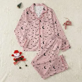 Women's Pastel Pink Whimsical Eyelash Script Moon Star Scatter Pattern Satin Pajamas Set