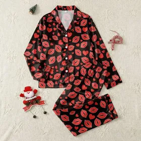 Women's Bold Red Lipstick Kiss Marks & Scattered Hearts Graphic Art on Black Satin Pajamas Set