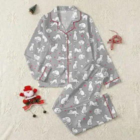 Cat Lovers' Playful Black White Cartoon Cats Pink Hearts Heather Grey Pattern Satin Pajamas Set