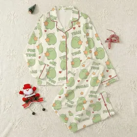 Women's Whimsical Cream Light Green Monster, Orange Star & Red Heart FUN TIME Pattern Satin Pajamas Set