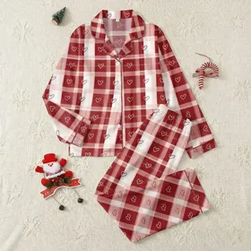 Rich Red Tartan Plaid: White Blush Pink Outline Hearts Satin Pajamas Set