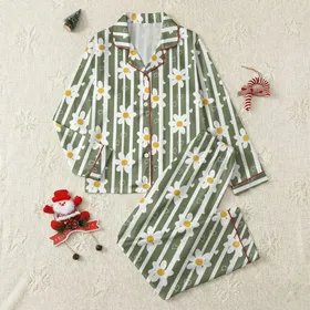 Nature Lover's Muted Olive Green Vertical Stripe Daisy Heart Satin Pajamas Set