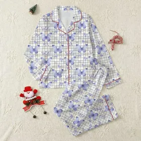 Women's Soft Periwinkle Blue Lavender Butterfly Floral Muted Grid Pattern Art Satin Pajamas Set