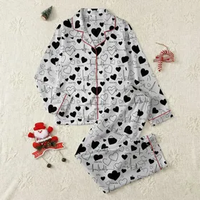 Aspirational Solid Black Hearts Free-Flowing ECG 'Become Better' Pattern Gray Satin Pajamas Set