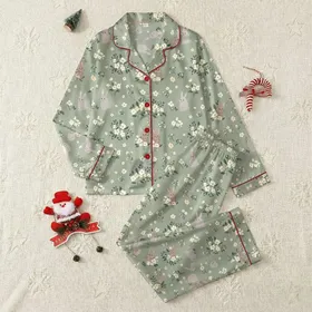 Women's Whimsical Sage Green Ditsy Wildflower & Brown Bunny Pattern Satin Pajamas Set