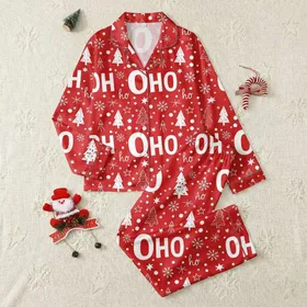 Women's Cheerful Christmas Red 'OH HO ho' Text, White Snowflakes & Abstract Trees Satin Pajamas Set