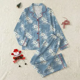 Women's Elegant Rose Bloom: Dusty Blue & White Painterly Botanical Pajama Set Satin Pajamas Set