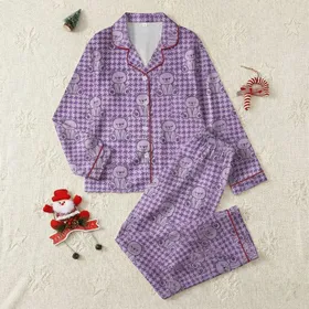 Women's Pale Lavender Houndstooth Geometric with Dark Violet Cartoon Sitting Bear Motif Satin Pajamas Set