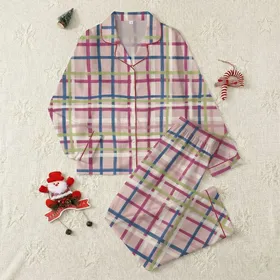 Modern Aesthetic: Deconstructed Rose Beige Plaid Grid with Blue Magenta Olive Accents Artwork Satin Pajamas Set