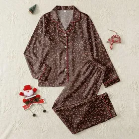 Nature-Inspired Rose Pink Fawn Berry Scatter on Deep Chocolate Brown Custom Print Satin Pajamas Set