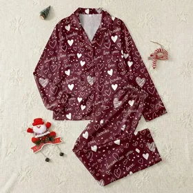 Romantic Hearts: Deep Maroon White Hand-Sketched Hearts & Eternal Love Script Scattered Design Satin Pajamas Set