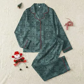 Muted Teal Geometric Fretwork: Abstract Botanical Pattern with Linear Leaves & Diamond Motif Satin Pajamas Set