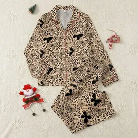 Women's Seamless Peachy-Beige Black Leopard Spot & Butterfly Silhouettes with 'You Are Beautiful' Script Satin Pajamas Set