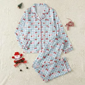 Sweetheart's Light Blue Gingham Red Cherry Pink Blossom Lifestyle Piece Satin Pajamas Set