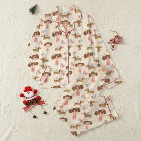 Dachshund Lover's Winking Cartoon Girl & Party Dogs Customizable Item Satin Pajamas Set