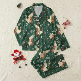Elegant East Asian Inspired: Cream Ink Wash Cranes Peach Beige Wisteria - Wearable Art Satin Pajamas Set