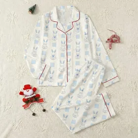 Cozy Comfort Lovers' Creamy Off-White Soft Baby Blue Rabbit Bow Cable Knit Pattern Satin Pajamas Set