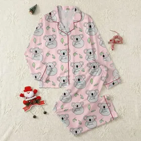 Koala Lover's Playful Grey Cartoony Koalas Pink & Blue Bowties Pastel Pink Eucalyptus Pattern Satin Pajamas Set