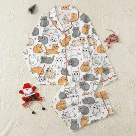 Cat Lover's Whimsical Kawaii Smiling Kittens & Red Hearts All-Over Motif Satin Pajamas Set