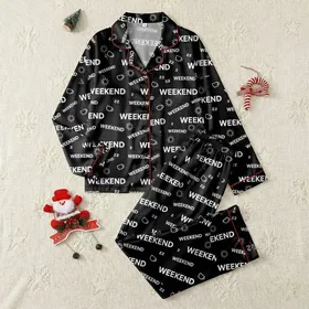 Weekend Lover: Scattered Typographic 'WEEKEND' Pattern with Leisure Icons - Black & White Motif Satin Pajamas Set