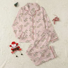 Soft Pink Botanical Sprigs: Olive Leaves, Cream Flowers & Pale Orange Berries Satin Pajamas Set