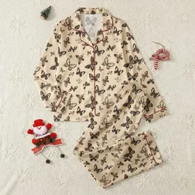 Women's Delicate Illustrative Butterfly Flight Pattern Muted Brown Taupe Sepia Tones Satin Pajamas Set