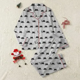 Cat Lovers' Playful Solid Black Cat Peeking White Eye Pattern on Heather Grey Satin Pajamas Set