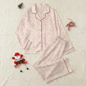 Cozy Aesthetic: Blush Cream Organic Ruffle Flowing Shapes Soft Knit Satin Pajamas Set