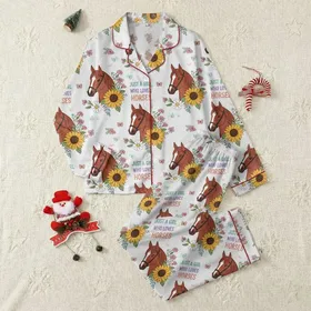 Just a Girl Who Loves Horses: Red Horse Head Floral Butterfly Pattern on Heather Grey Satin Pajamas Set