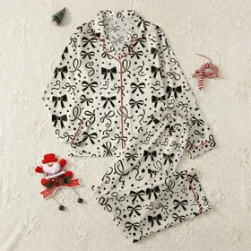 Women's Hand-Drawn Black Bows & Pearl Dots Dense Pattern Creamy Off-White Satin Pajamas Set