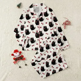 Women's Whimsical Black Cat Red Plaid Bow & Apple Cream Cartoon Design Satin Pajamas Set