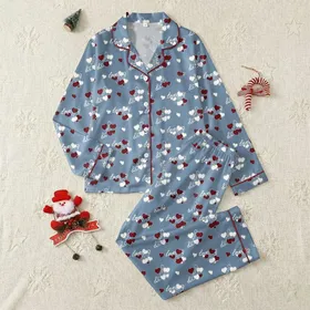 Women's Dusty Blue-Grey All-Over Repeating Pattern with White, Maroon Heart Clusters & Elegant 'Love' Script Satin Pajamas Set