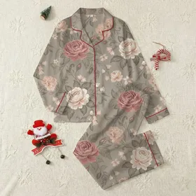 Women's Elegant Botanical Rose Garden Design: Dusty Rose Peach & Greige Blooms Kid Satin Pajamas Set
