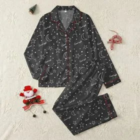 Celestial Dreamer's White Line Art Stars Moon 'Good Night' Script Sleep Set Satin Pajamas Set