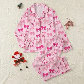 Women's Charming Fuchsia Rose Pink Bows & Ribbons Garment - Pale Pink, Striped & Solid Satin Pajamas Set
