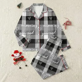 Cozy Rustic Plaid: Black White Gray Good Morning Heart Script Lumberjack Style Satin Pajamas Set