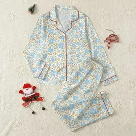 Women's Retro 1970s Stylized Sky Blue Olive Floral Hand-Drawn Cream Pattern Satin Pajamas Set