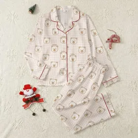 Cozy Bear Lover's Charming Hand-Drawn Brown & Pink Plaid Motif Satin Pajamas Set