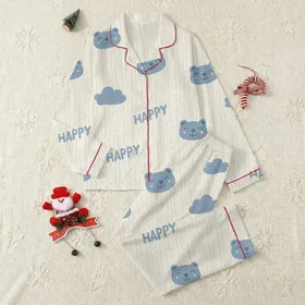 Cozy Comfort Seeker: Faux Cable Knit Bear Cloud HAPPY Design - Creamy Off-White & Muted Blue-Grey Piece Satin Pajamas Set