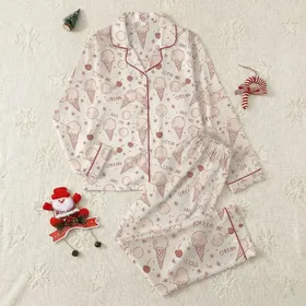 Sweet Tooth Enthusiast Whimsical Pink Ice Cream Cone Scoop Cherry Pattern Satin Pajamas Set