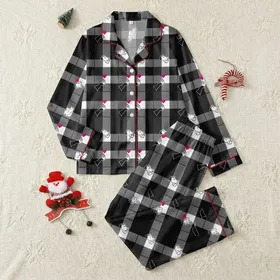 Dog Lover Plaid: High-Five Pet & Human Connection - Black, White & Magenta Custom Wearable Satin Pajamas Set