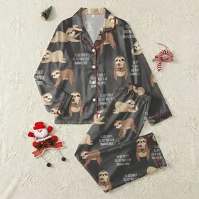 Sloth Lover's Dramatic Cartoon Sloth 'I'll Get Over It' Text Pattern Casual Wear Satin Pajamas Set
