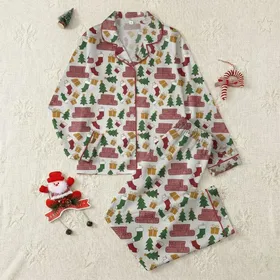 Festive Celebrator's Merry Christmas Text Tree Present Stocking All-Over Pattern Fabric Satin Pajamas Set