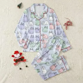 Cat Lover's Pastel Cartoon Cats: Winking Curious Kitten Print Design Satin Short-Sleeve Pajamas Set