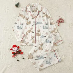 Women's Whimsical Creamy Fennec Fox Pastel Pink Blue Cherry Blossom Illustrative Print Satin Pajamas Set