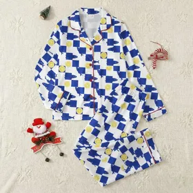 Whimsical Vibrant Royal Blue & White Checkerboard Sardine & Lemon Citrus Slices Style Piece Satin Pajamas Set