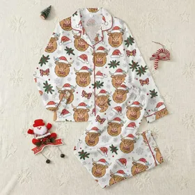 Whimsical Highland Cow Christmas Design: Festive Santa Hats, Bells & Snowflakes Satin Pajamas Set